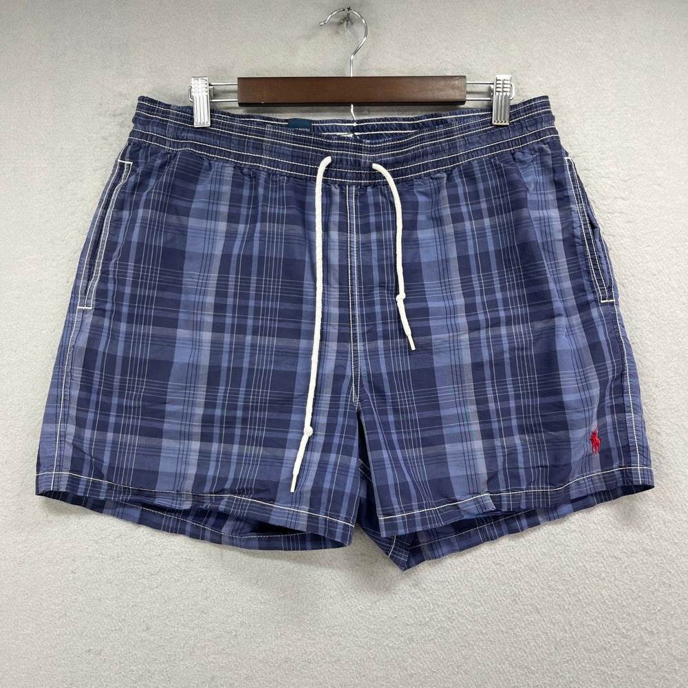Polo Ralph Lauren Swim Shorts Mens M Blue Plaid Drawstring Mesh Lined Surf Beach